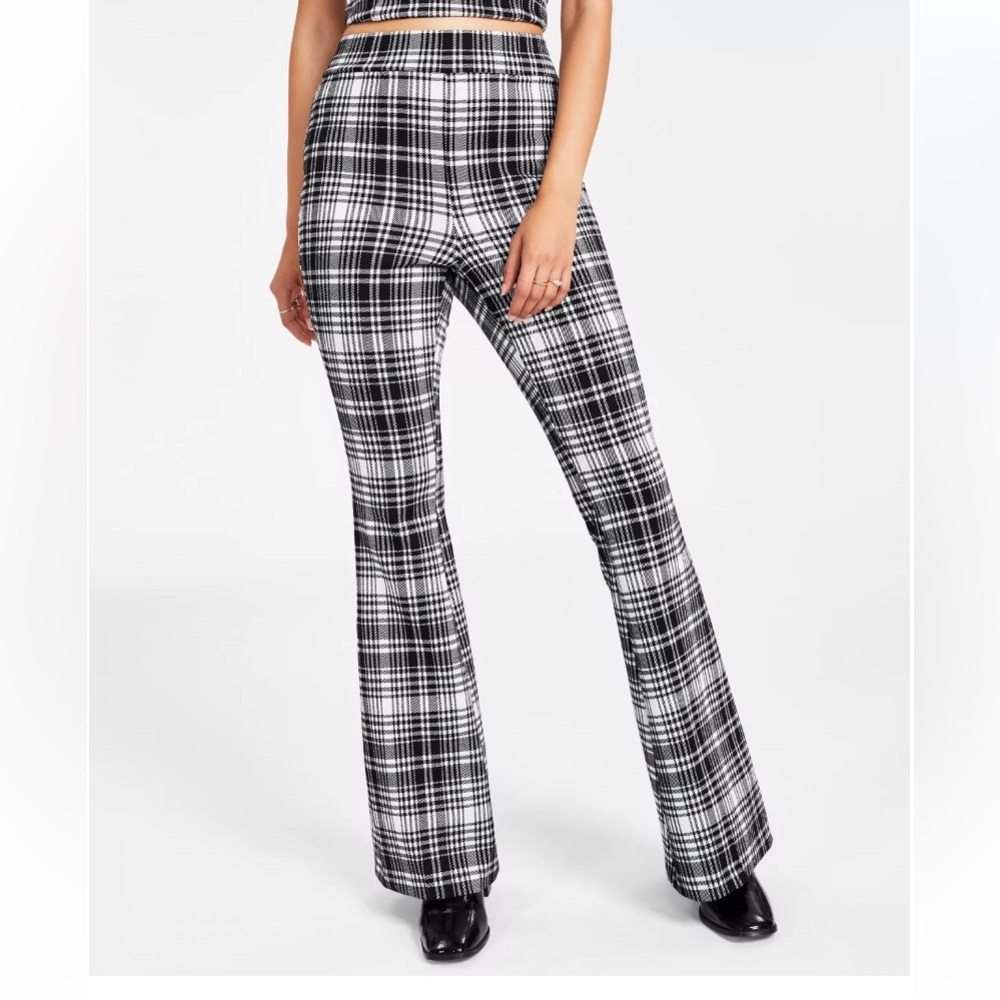 Bar iii black Plaid pull on flare pants Sz L